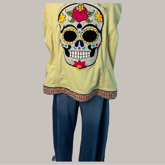 Colorful Upcycled Yellow Jacket with Large Skull Embellishments - Picture 3 of 7